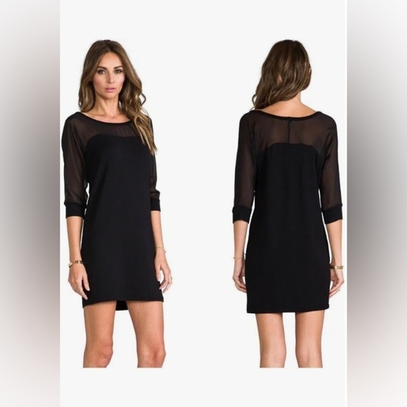 Splendid Womens Black Mesh Knit Shift Dress Modal 7/8 Sleeve Sheer Panel Size SP - Picture 2 of 9